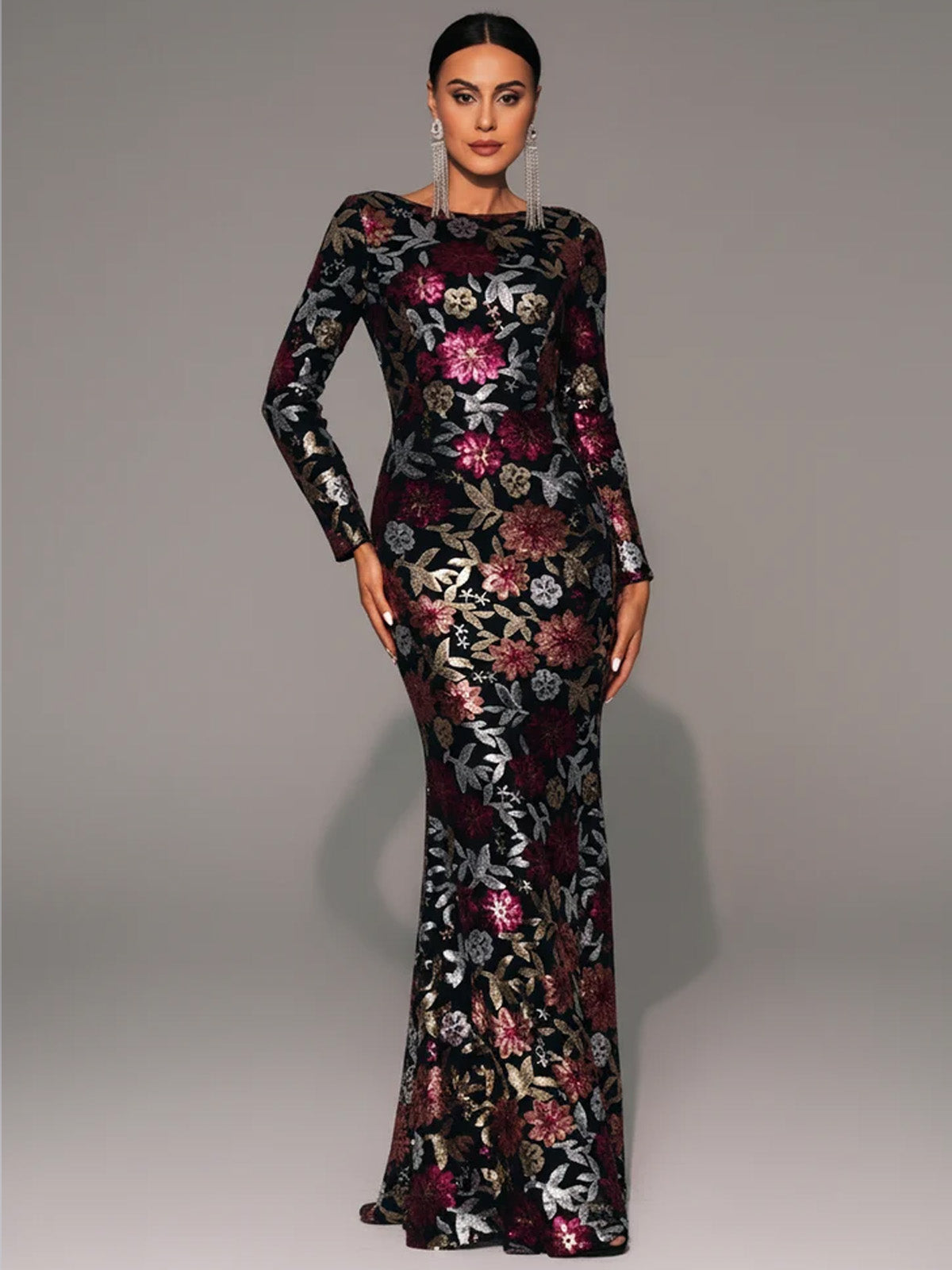 Women’s Royal Blue Floral Sequin Round Neck Long Sleeve Mermaid Maxi Dress