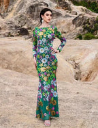 Women’s Royal Blue Floral Sequin Round Neck Long Sleeve Mermaid Maxi Dress