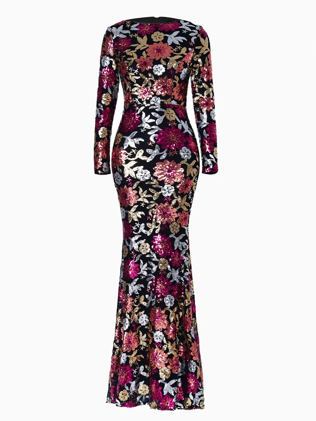 Women’s Royal Blue Floral Sequin Round Neck Long Sleeve Mermaid Maxi Dress