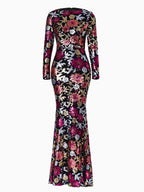 Women’s Royal Blue Floral Sequin Round Neck Long Sleeve Mermaid Maxi Dress