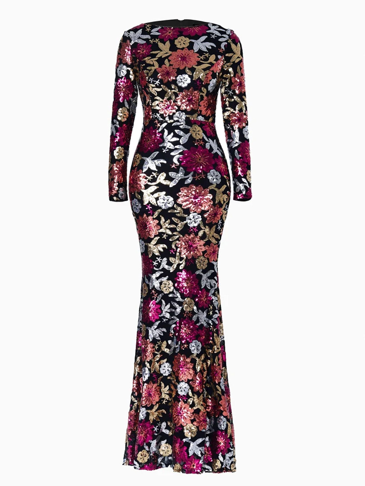 Women’s Royal Blue Floral Sequin Round Neck Long Sleeve Mermaid Maxi Dress