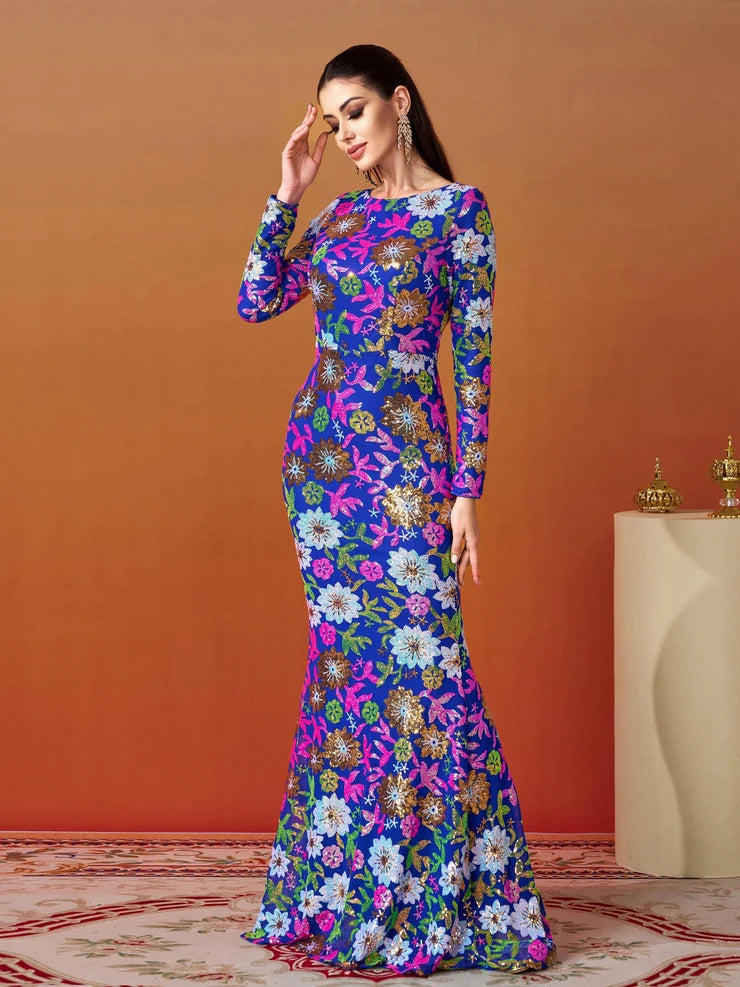 Women’s Royal Blue Floral Sequin Round Neck Long Sleeve Mermaid Maxi Dress