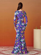 Women’s Royal Blue Floral Sequin Round Neck Long Sleeve Mermaid Maxi Dress