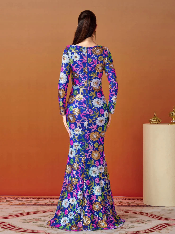 Women’s Royal Blue Floral Sequin Round Neck Long Sleeve Mermaid Maxi Dress