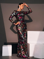 Women’s Royal Blue Floral Sequin Round Neck Long Sleeve Mermaid Maxi Dress