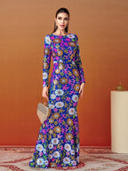 Women’s Royal Blue Floral Sequin Round Neck Long Sleeve Mermaid Maxi Dress