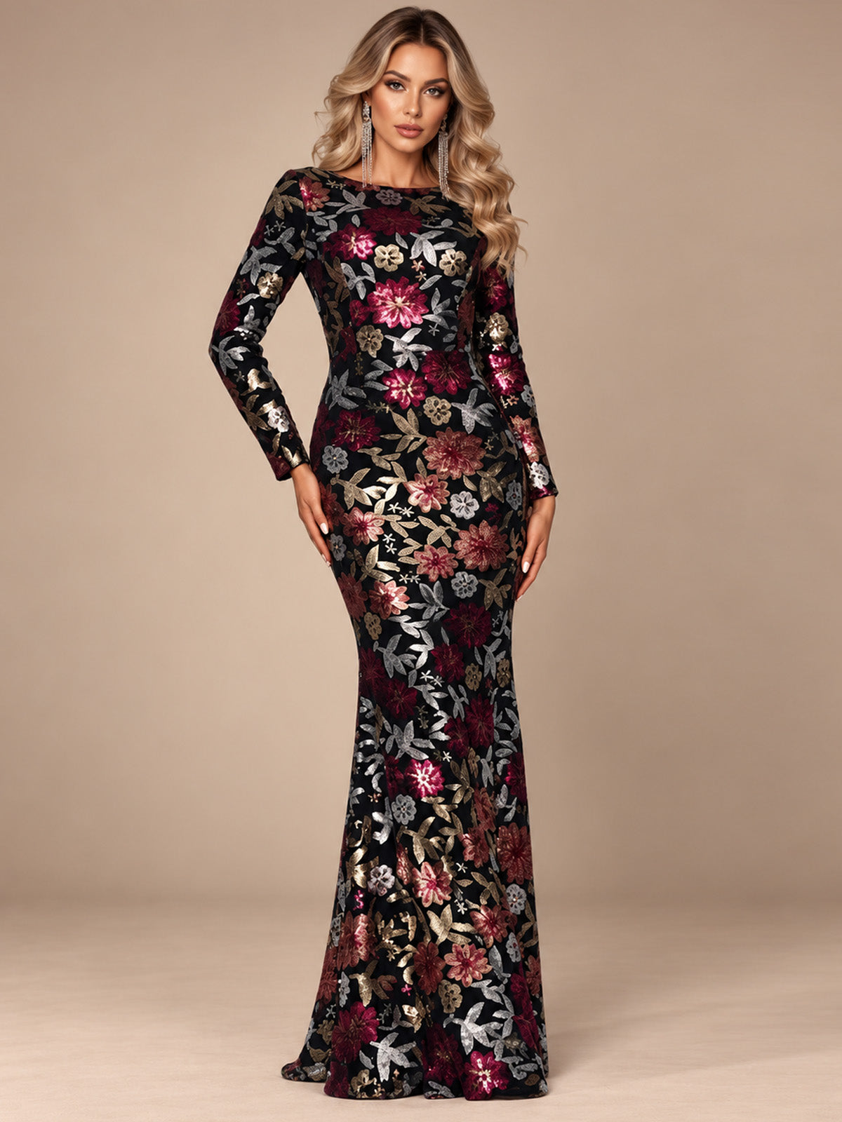 Women’s Royal Blue Floral Sequin Round Neck Long Sleeve Mermaid Maxi Dress