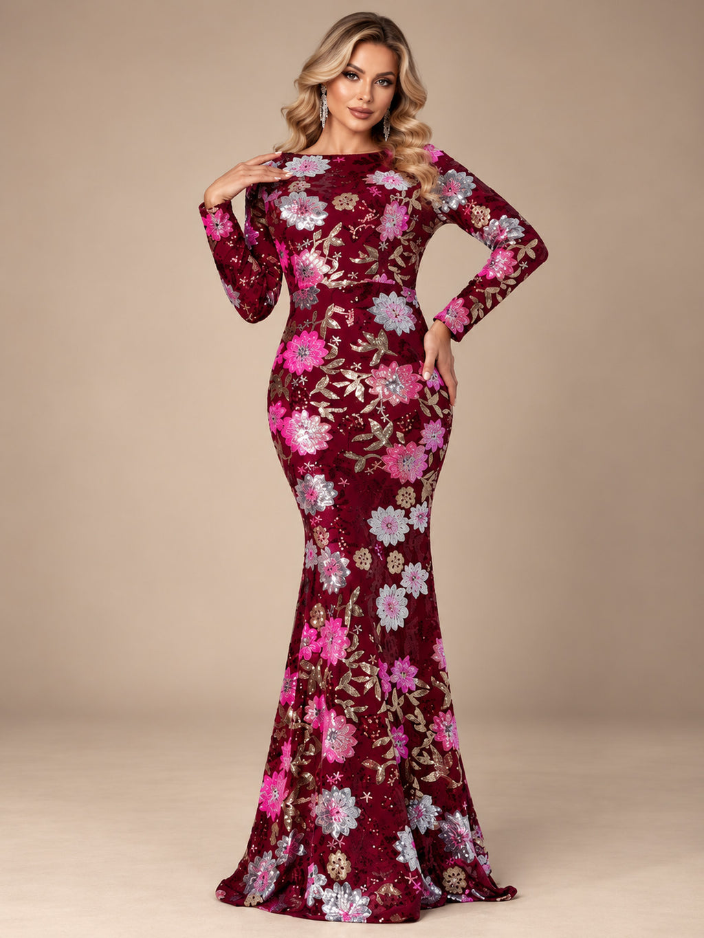Women’s Royal Blue Floral Sequin Round Neck Long Sleeve Mermaid Maxi Dress