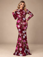 Women’s Royal Blue Floral Sequin Round Neck Long Sleeve Mermaid Maxi Dress