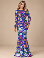 Women’s Royal Blue Floral Sequin Round Neck Long Sleeve Mermaid Maxi Dress