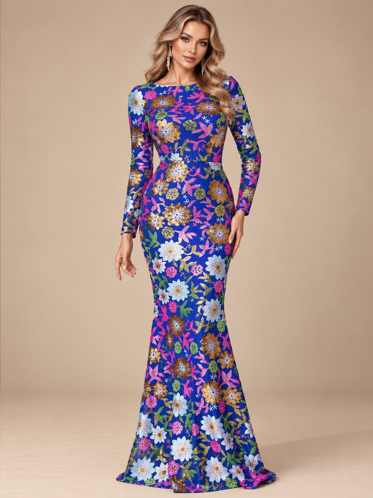 Women’s Royal Blue Floral Sequin Round Neck Long Sleeve Mermaid Maxi Dress