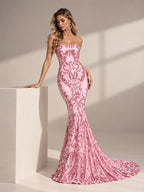 Women’s Pink Elegant Sequin Strapless Sweetheart Neck Mermaid Maxi Dress with Ornate Pattern