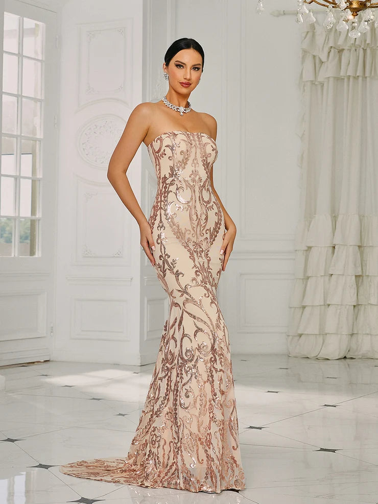 Women’s Pink Elegant Sequin Strapless Sweetheart Neck Mermaid Maxi Dress with Ornate Pattern