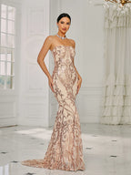Women’s Pink Elegant Sequin Strapless Sweetheart Neck Mermaid Maxi Dress with Ornate Pattern