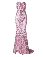 Women’s Pink Elegant Sequin Strapless Sweetheart Neck Mermaid Maxi Dress with Ornate Pattern