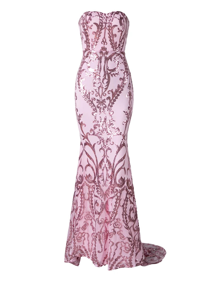 Women’s Pink Elegant Sequin Strapless Sweetheart Neck Mermaid Maxi Dress with Ornate Pattern