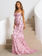 Women’s Pink Elegant Sequin Strapless Sweetheart Neck Mermaid Maxi Dress with Ornate Pattern