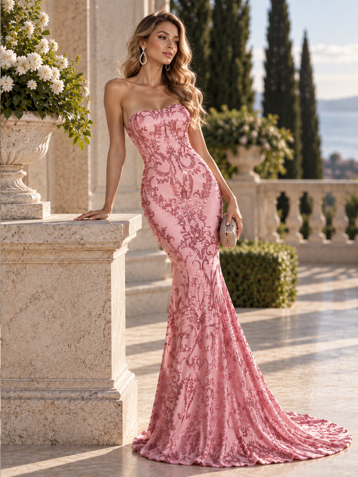 Women’s Pink Elegant Sequin Strapless Sweetheart Neck Mermaid Maxi Dress with Ornate Pattern
