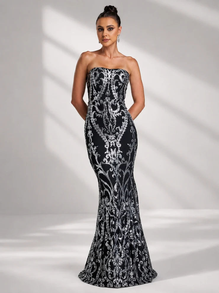 Women’s Pink Elegant Sequin Strapless Sweetheart Neck Mermaid Maxi Dress with Ornate Pattern