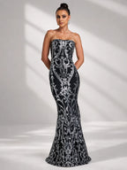 Women’s Pink Elegant Sequin Strapless Sweetheart Neck Mermaid Maxi Dress with Ornate Pattern