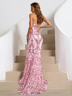 Women’s Pink Elegant Sequin Strapless Sweetheart Neck Mermaid Maxi Dress with Ornate Pattern