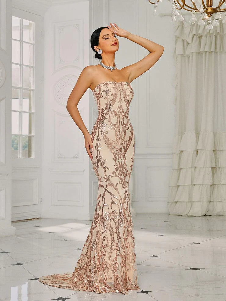 Women’s Pink Elegant Sequin Strapless Sweetheart Neck Mermaid Maxi Dress with Ornate Pattern
