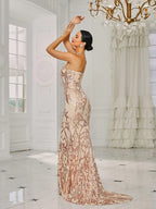 Women’s Pink Elegant Sequin Strapless Sweetheart Neck Mermaid Maxi Dress with Ornate Pattern