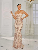 Women’s Pink Elegant Sequin Strapless Sweetheart Neck Mermaid Maxi Dress with Ornate Pattern