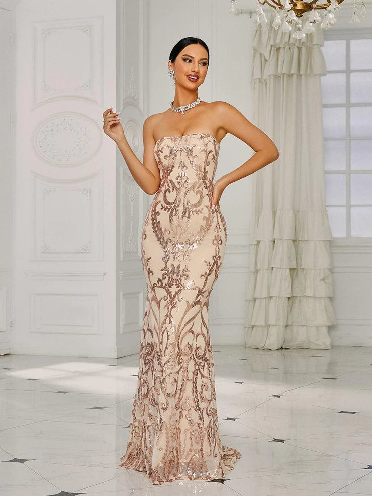 Women’s Pink Elegant Sequin Strapless Sweetheart Neck Mermaid Maxi Dress with Ornate Pattern