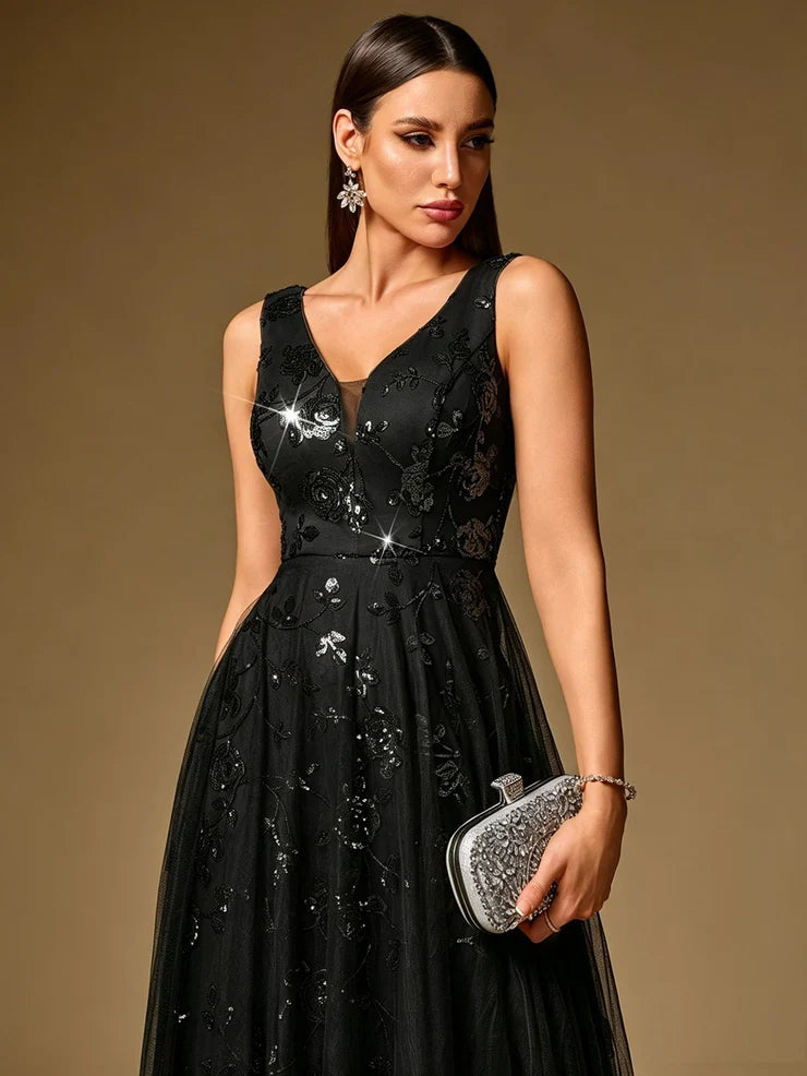 Women’s Black Elegant Sequin Mesh V-Neck Sleeveless A-Line Maxi Dress with Floral Embroidery