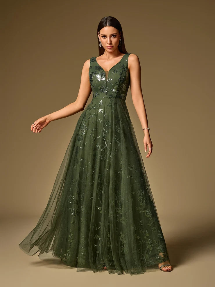 Women’s Black Elegant Sequin Mesh V-Neck Sleeveless A-Line Maxi Dress with Floral Embroidery
