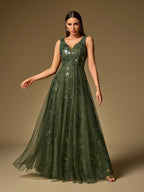 Women’s Black Elegant Sequin Mesh V-Neck Sleeveless A-Line Maxi Dress with Floral Embroidery