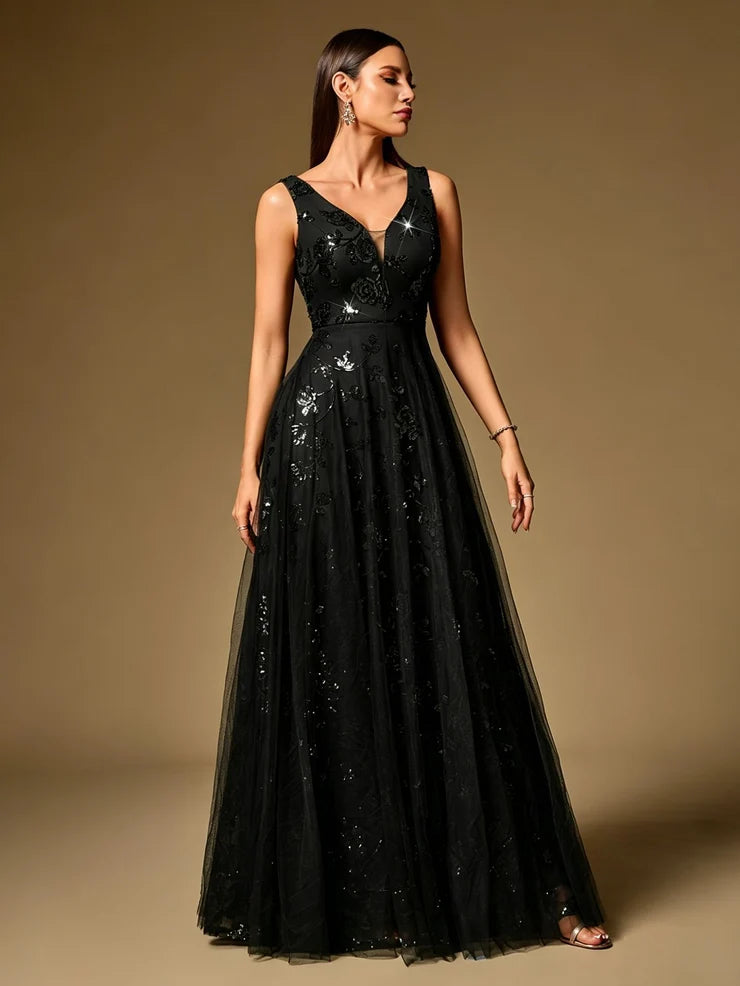 Women’s Black Elegant Sequin Mesh V-Neck Sleeveless A-Line Maxi Dress with Floral Embroidery