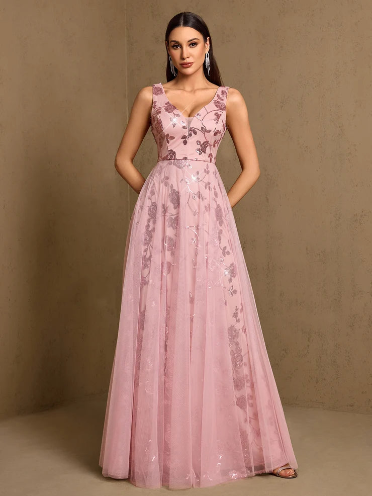 Women’s Black Elegant Sequin Mesh V-Neck Sleeveless A-Line Maxi Dress with Floral Embroidery