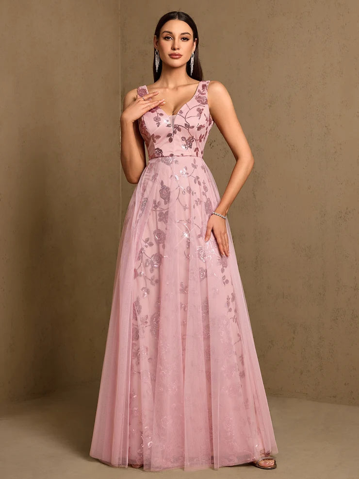 Women’s Black Elegant Sequin Mesh V-Neck Sleeveless A-Line Maxi Dress with Floral Embroidery