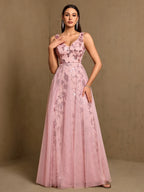 Women’s Black Elegant Sequin Mesh V-Neck Sleeveless A-Line Maxi Dress with Floral Embroidery