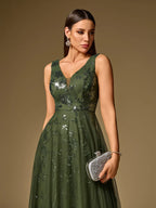 Women’s Black Elegant Sequin Mesh V-Neck Sleeveless A-Line Maxi Dress with Floral Embroidery
