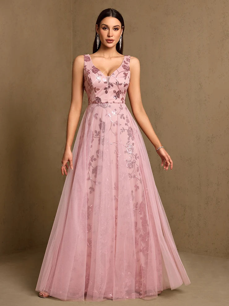 Women’s Black Elegant Sequin Mesh V-Neck Sleeveless A-Line Maxi Dress with Floral Embroidery