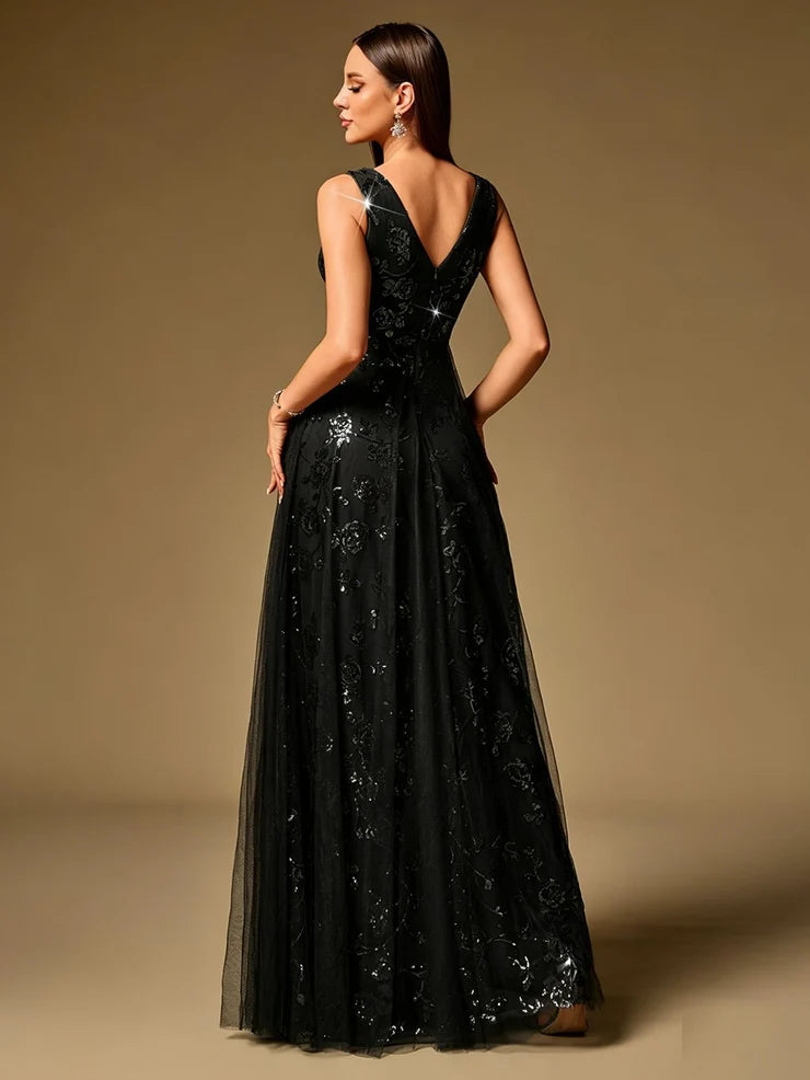 Women’s Black Elegant Sequin Mesh V-Neck Sleeveless A-Line Maxi Dress with Floral Embroidery