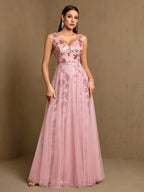 Women’s Black Elegant Sequin Mesh V-Neck Sleeveless A-Line Maxi Dress with Floral Embroidery