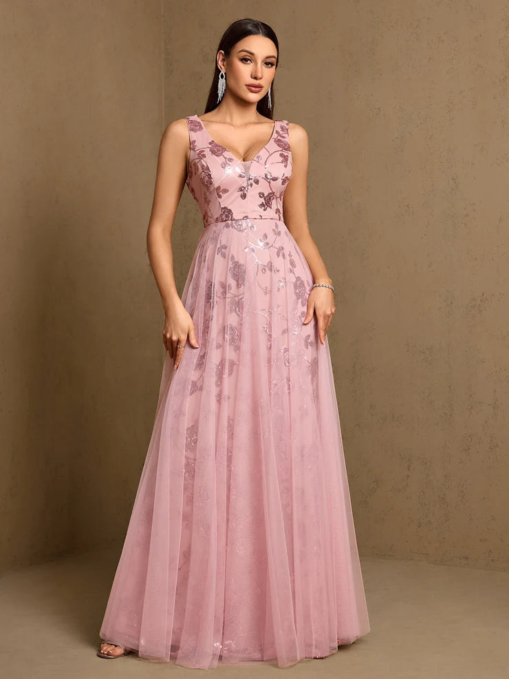 Women’s Black Elegant Sequin Mesh V-Neck Sleeveless A-Line Maxi Dress with Floral Embroidery