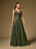 Women’s Black Elegant Sequin Mesh V-Neck Sleeveless A-Line Maxi Dress with Floral Embroidery