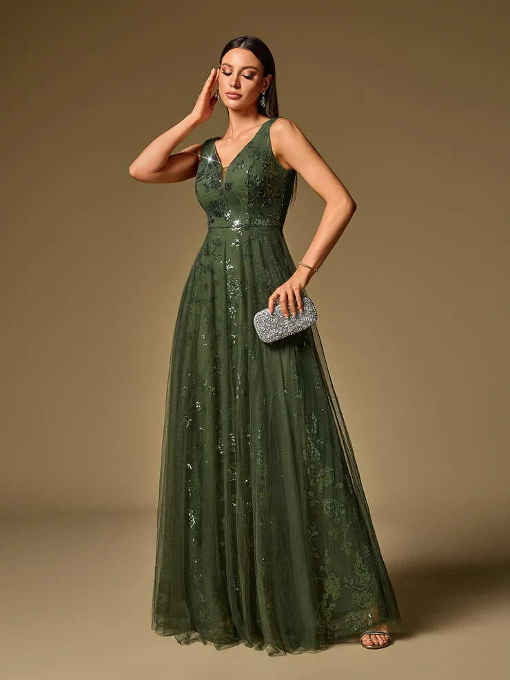 Women’s Black Elegant Sequin Mesh V-Neck Sleeveless A-Line Maxi Dress with Floral Embroidery