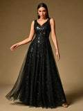 Women’s Black Elegant Sequin Mesh V-Neck Sleeveless A-Line Maxi Dress with Floral Embroidery