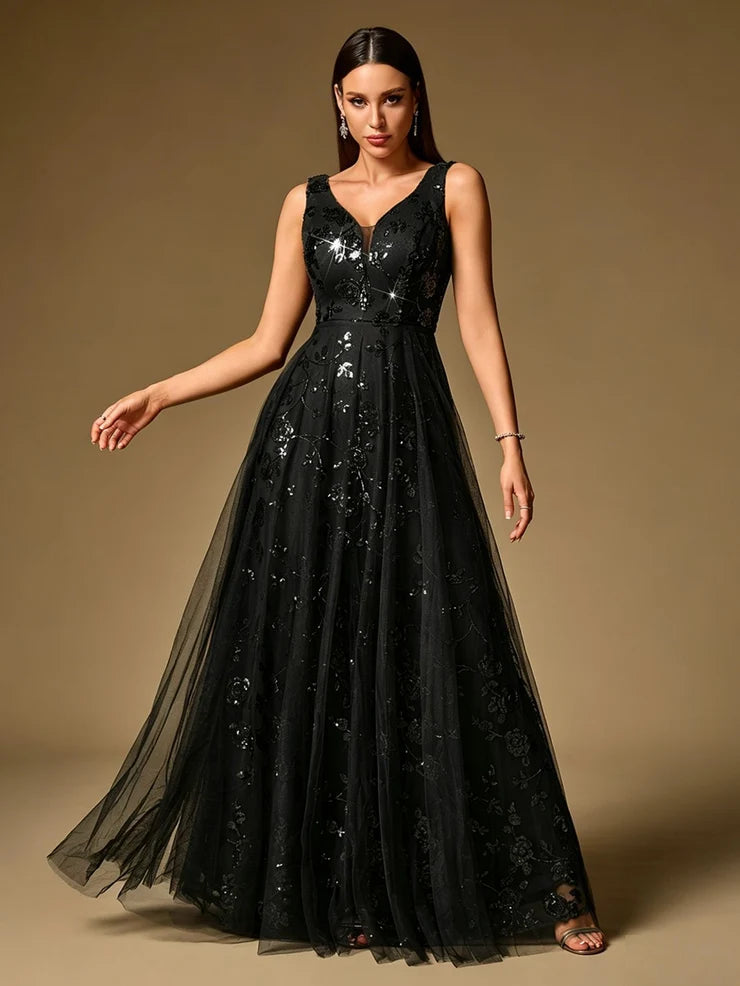Women’s Black Elegant Sequin Mesh V-Neck Sleeveless A-Line Maxi Dress with Floral Embroidery