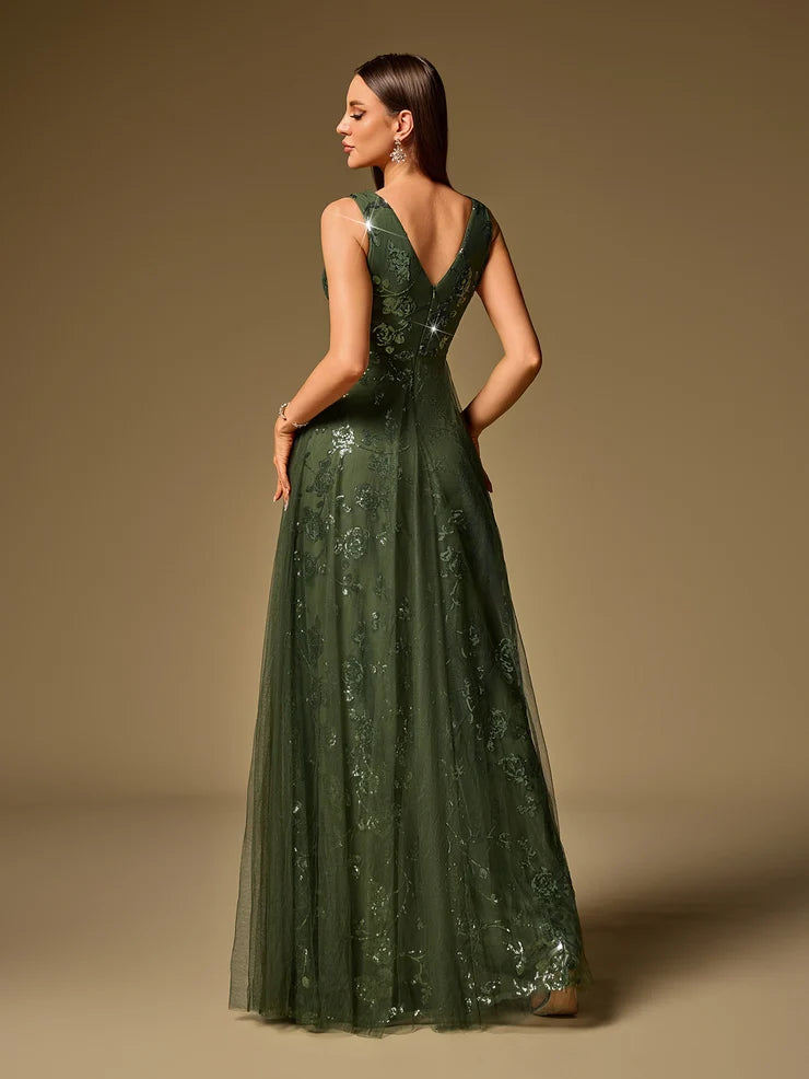 Women’s Black Elegant Sequin Mesh V-Neck Sleeveless A-Line Maxi Dress with Floral Embroidery