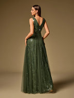 Women’s Black Elegant Sequin Mesh V-Neck Sleeveless A-Line Maxi Dress with Floral Embroidery