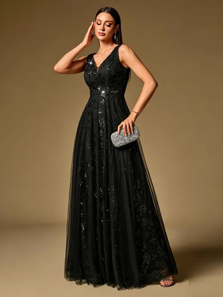 Women’s Black Elegant Sequin Mesh V-Neck Sleeveless A-Line Maxi Dress with Floral Embroidery