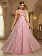 Women’s Black Elegant Sequin Mesh V-Neck Sleeveless A-Line Maxi Dress with Floral Embroidery