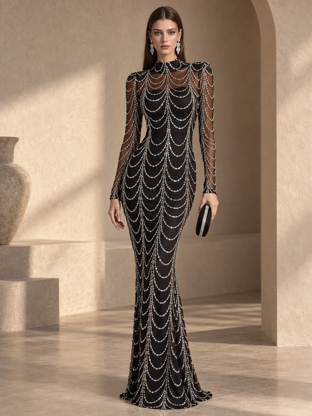 Women’s Black Luxury Sequin Mesh High Neck Long Sleeve Mermaid Maxi Dress with Draped Crystal Pattern